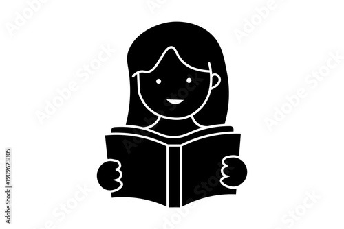 The image is a minimalist black and white icon or silhouette of a young girl reading a book.