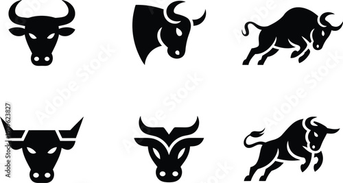 Collection of stylized black bull and ox head icons in various poses for graphic design