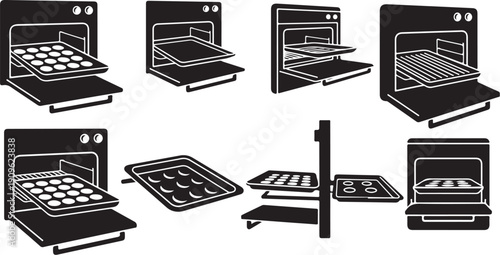 Oven and baking tray illustrations in black and white