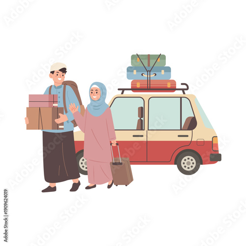 Muslim Couple Traveling with Luggage and Car for Vacation or Holiday Trip