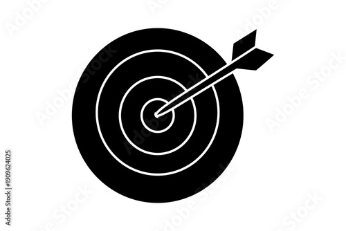 The image features a minimalist black and white illustration of a bullseye target with an arrow.