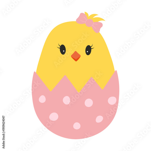 Adorable yellow chick peeking from a pink eggshell with a bow. Happy Easter. PNG and Vector illustration