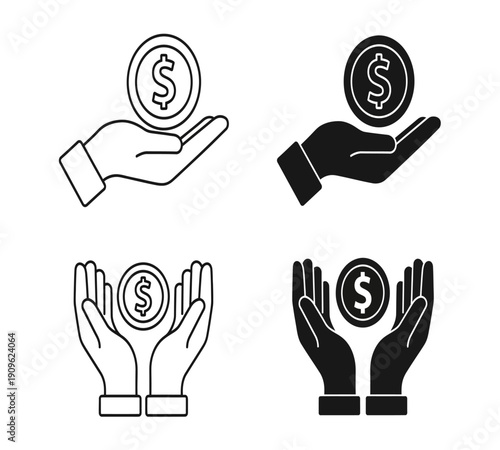 Two pairs of hands holding coins with dollar signs depicted in both outline and solid styles