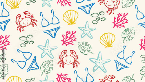 Summer Beach Seamless Pattern with Hand Drawn Tropical Doodle Elements Colorful Vector Background