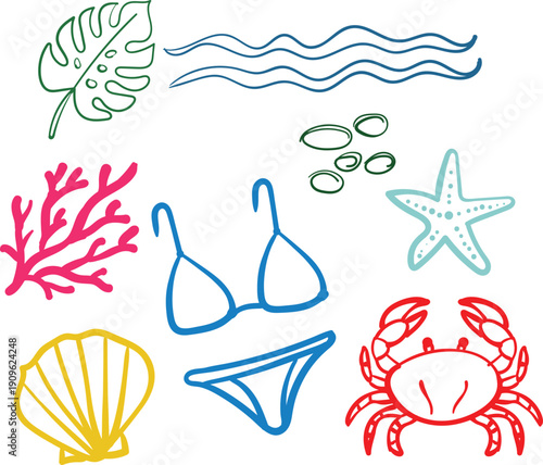 Summer Beach Doodle Icon Set Hand Drawn Tropical Vacation Elements Vector Illustration