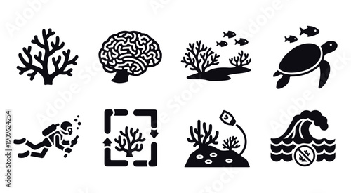 Coral Reef Icons Set Underwater Life and Science Concepts