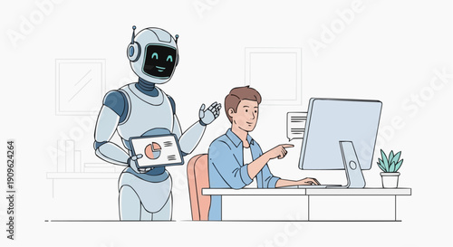 A robot and a man working together at a desk with a computer