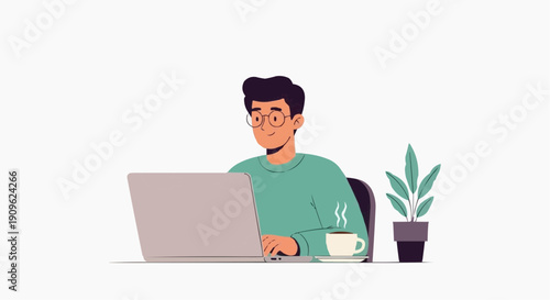 A man working on a laptop at a table with a plant and a cup of coffee