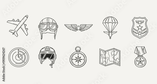 Collection of aviation and military icons including airplane, helmets, parachute, and medal