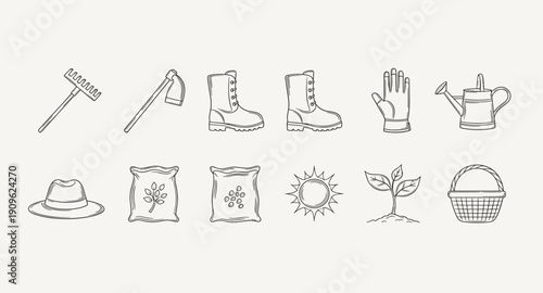 Gardening tools and supplies collection, hand-drawn icons for planting and harvesting