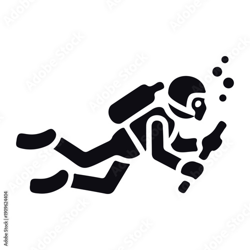 Scuba diver silhouette with underwater equipment and bubbles