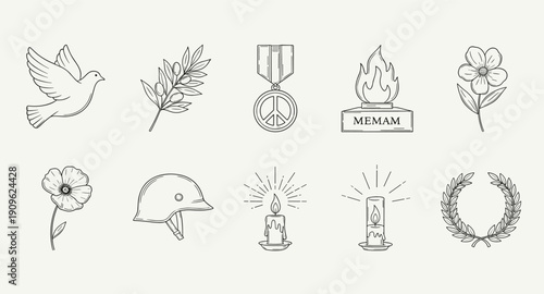 Collection of symbols representing peace, remembrance, and remembrance of fallen soldiers