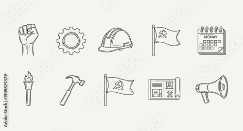 Collection of line art icons representing labor, protest, and political symbols