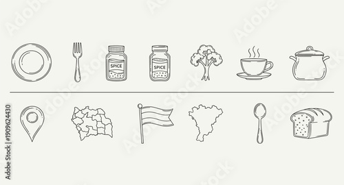 Collection of simple line art icons representing food, cooking, and travel elements