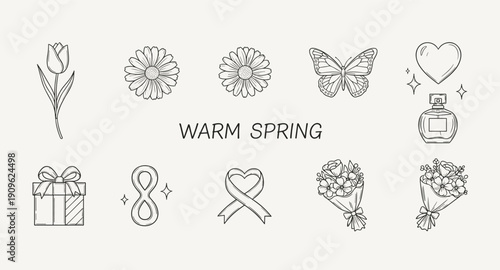 Delicate line art icons celebrating spring and femininity with flowers, butterflies, and gifts