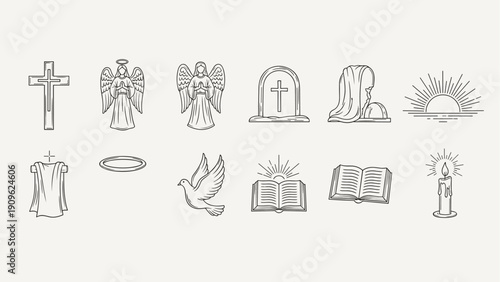 Collection of religious and spiritual symbols in a minimalist line art style