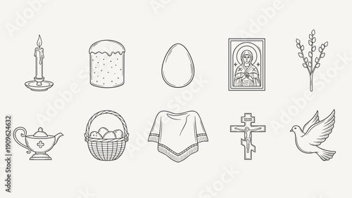 Collection of Easter and religious symbols in a simple line art style