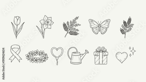 Collection of hand-drawn line art icons representing spring and celebration themes