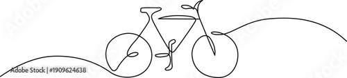 A simple line drawing of a bicycle with a rider on a winding path. Vector