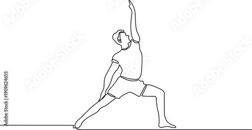Person performing a yoga pose with one leg raised and arms extended upwards. Vector