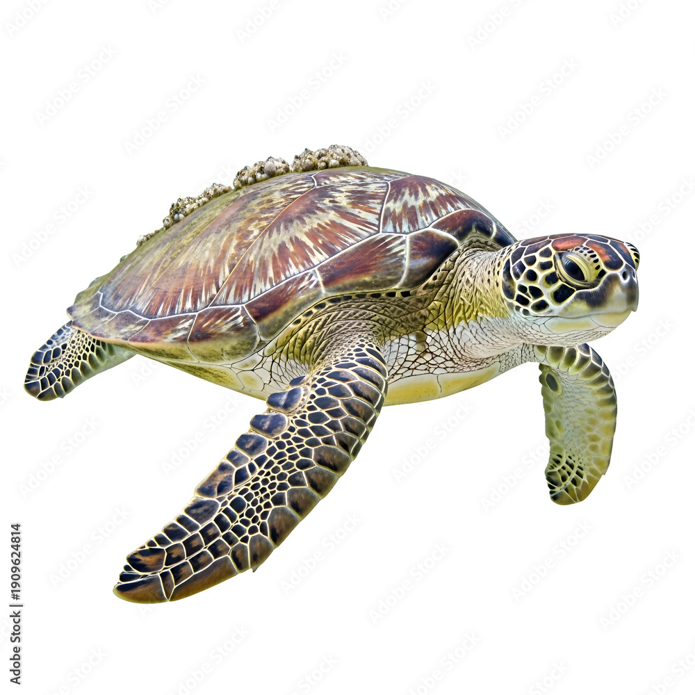 Fototapeta premium Green Sea Turtle with Barnacles Isolated on White Background , Isolated on Transparent Background