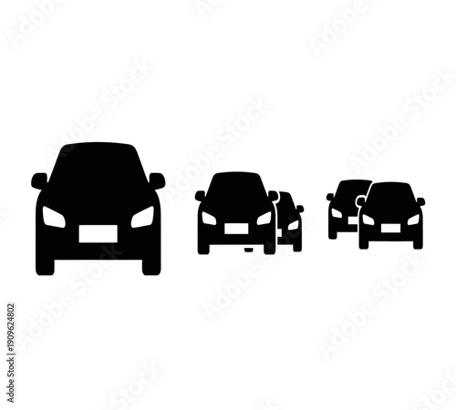 Minimalist silhouette illustration depicting three cars of varying sizes in black against a white background