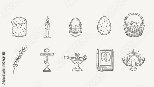 Collection of Orthodox Christian Easter symbols and religious icons in line art