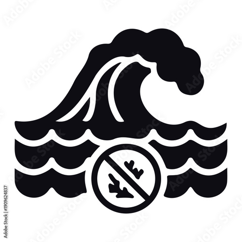 Stylized illustration of a large ocean wave with a prohibition sign indicating no pollution