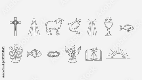 Collection of Christian religious symbols and icons in a minimalist line art style