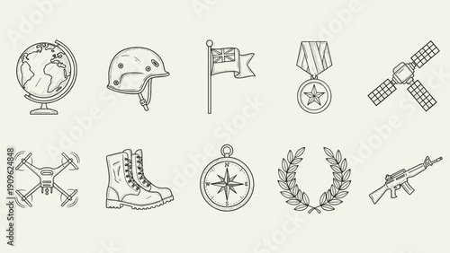 Collection of military and defense icons including a drone, helmet, and rifle