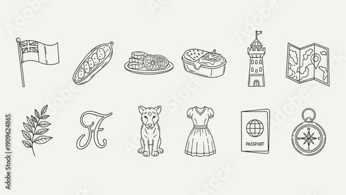 Collection of travel and lifestyle icons in a simple line art style