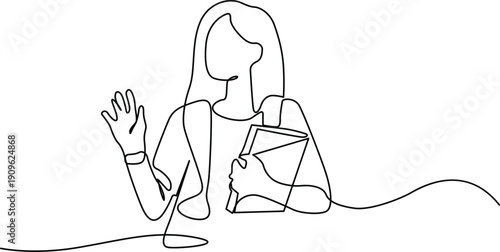 A woman sitting at a table with a laptop, waving to someone with a smile Vector