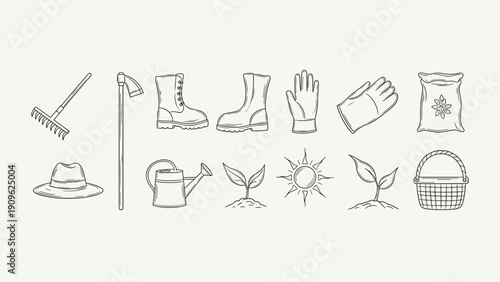 Collection of hand-drawn gardening tools and elements for a healthy garden