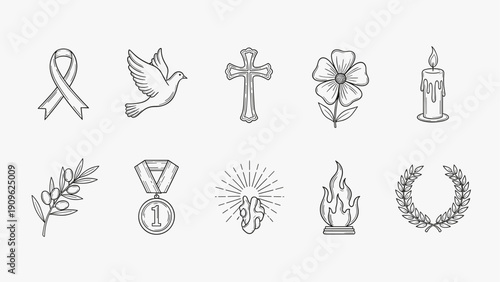 Collection of hand-drawn icons representing symbols of peace, victory, remembrance, and faith