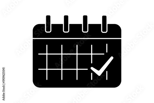 This image is a minimalist, flat-style icon of a calendar. It is presented in a high-contrast black and white color scheme, making it ideal for digital interfaces or graphic design.