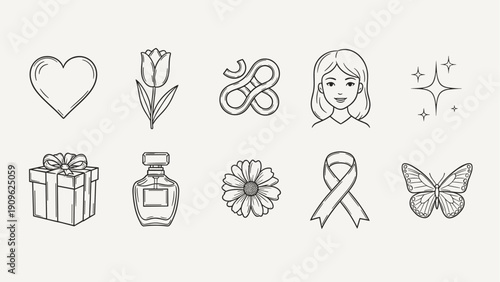 Collection of feminine icons including heart, tulip, perfume, and butterfly