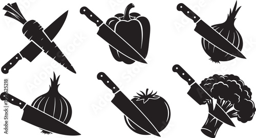 Black and white kitchen utensils and vegetable icons set