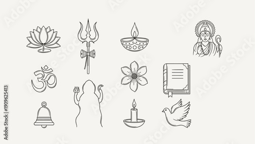 Collection of Hindu religious symbols and deities in a clean line art style