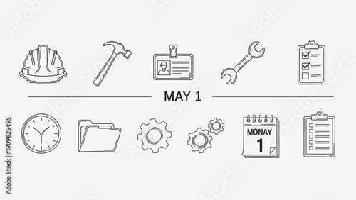 May 1st Labor Day icons: hard hat, hammer, wrench, gears, calendar, clock, clipboard