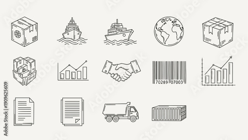 Set of icons representing logistics, shipping, and business operations in a clean outline style