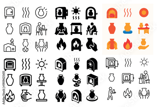 Fireplace and pottery icon set collection