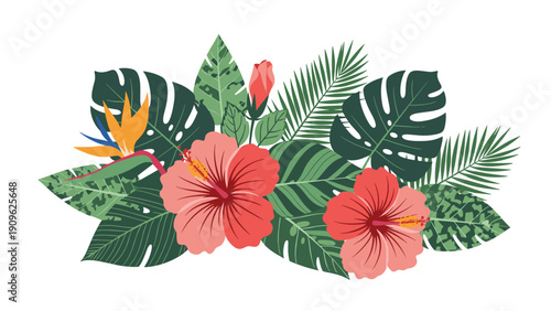 Vibrant tropical flower bouquet featuring red hibiscus, yellow bird of paradise, and lush green palm leaves on a plain white background.