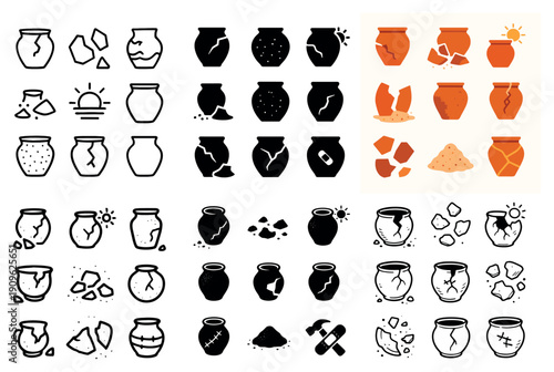 Broken pottery icons and symbols set