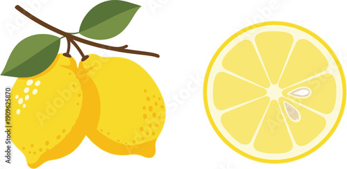 Lemons with leaves and sliced lemon