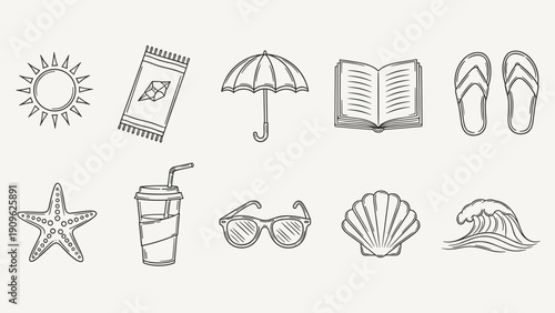 Collection of hand-drawn beach vacation icons for summer relaxation and leisure activities