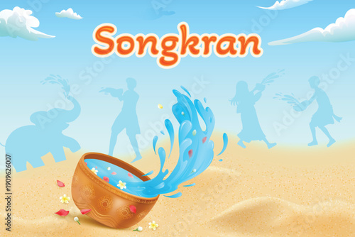 Songkran Water Festival. Thai New Year Celebration On Beach. Design Vector Illustration Theme For Thai New Year Sale, Banner, Greetings, E-commerce etc.