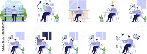 Man Working on Laptop at Home and Outdoor Park Flat Vector Illustration Set