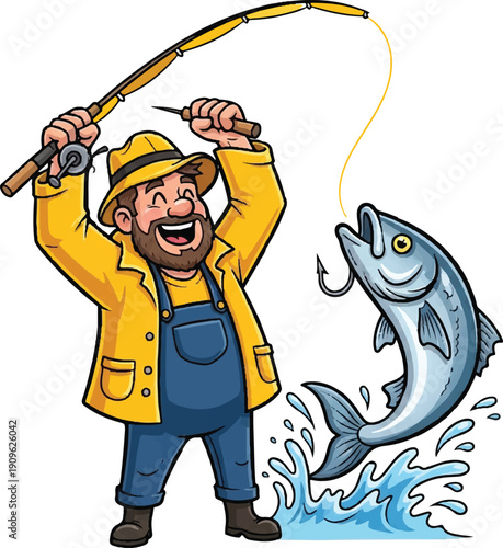 Cartoon fisherman triumphantly holding a large caught fish on a t-shirt design Art & Illustration