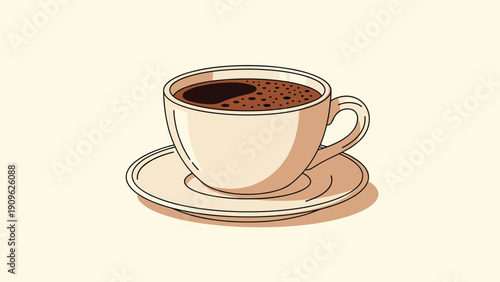 Simple vector illustration of a ceramic cup filled with dark black coffee on a matching saucer, isolated on a warm cream background.