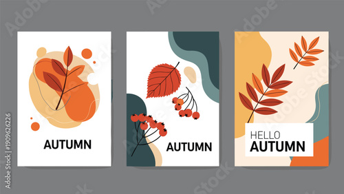 Set of three autumn-themed posters featuring abstract shapes, fall leaves, and rowan berries with minimalist typography and warm colors.